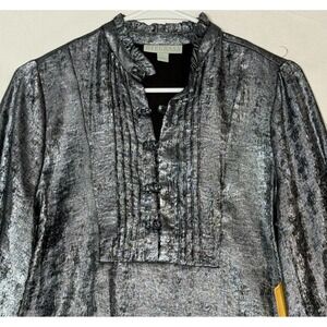 Ryegrass Womens Mock Neck Long Sleeve Blouse Icy Blue Metallic‎ Small